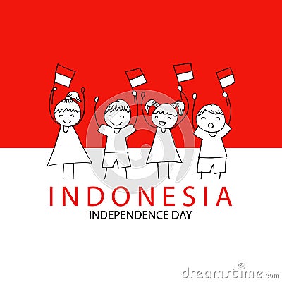 Hand drawing boy and girl holding indonesia flag. Stock Photo