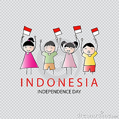 Hand drawing boy and girl holding indonesia flag. Stock Photo