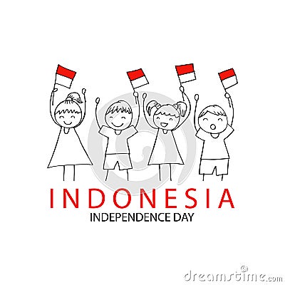 Hand drawing boy and girl holding indonesia flag. Vector Illustration