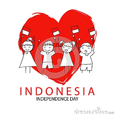 Hand drawing boy and girl holding indonesia flag. Stock Photo