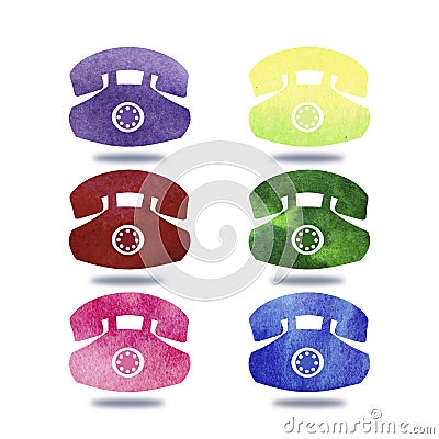 Hand drawing brush Illustration of colorful telephones with watercolors .Graphic design with white background.Communication Stock Photo