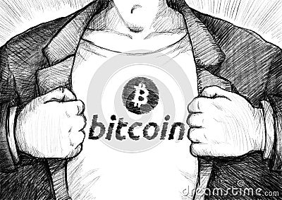 Hand drawing businessman ripping off shirt with bitcoin logo. Stock Photo