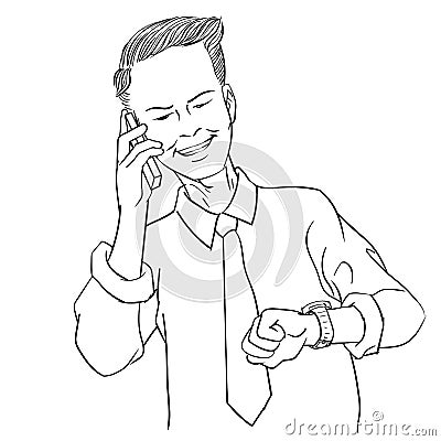 Hand drawing businessmen calling, see time - Line Vector Illustration Vector Illustration