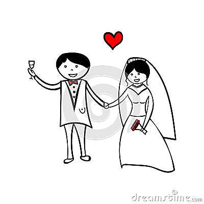Hand drawing cartoon happy couple wedding Vector Illustration