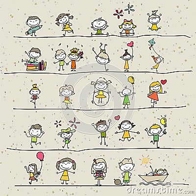 Hand drawing cartoon happy kids Stock Photo