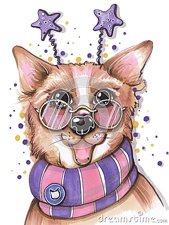 Hand drawing cartoon style children`s party birthday portrait cheerful dog corgi wearing glasses and stars Stock Photo
