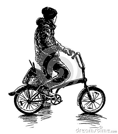 Hand drawing of casual man with bucket of paint riding a bicycle to work Vector Illustration