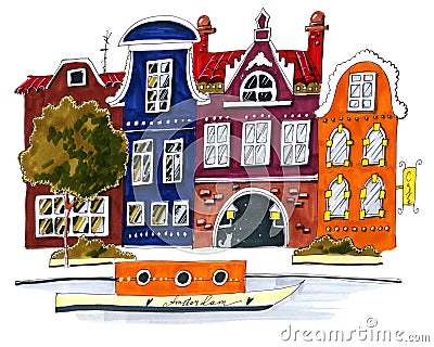 Hand drawing children`s style cartoon travel geography school amsterdam houses urban illustration coloring Cartoon Illustration