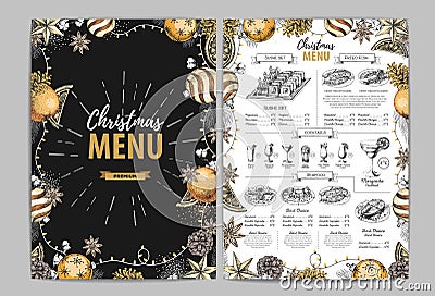 Hand drawing Christmas holiday menu design. Restaurant menu Vector Illustration