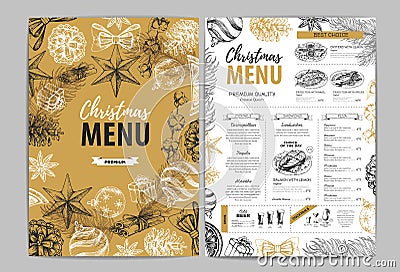 Hand drawing Christmas holiday menu design. Restaurant menu Vector Illustration