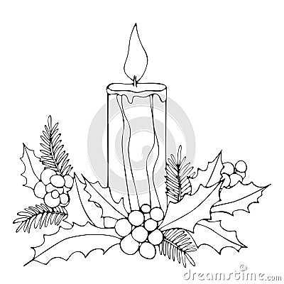 Hand drawing Christmas illustration. Candle with flame, fir branches, leaves and berries on white isolated background. Vector Illustration