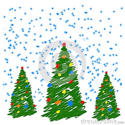 Hand drawing christmas tree with balls. Like child`s drawing crayon or pencil bright green fir-tree. Like kids drawing vector dood Cartoon Illustration