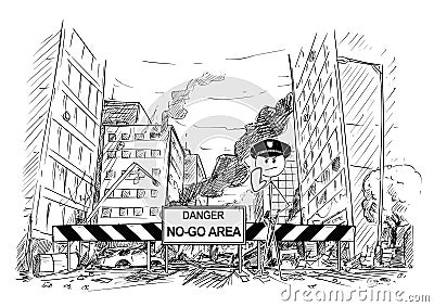 Hand Drawing of City Street Destroyed by Riot, Road Blocked by Danger No-Go Area Sign and Policemen Vector Illustration