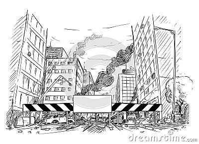 Hand Drawing of City Street Destroyed by War or Riot or Disaster Vector Illustration