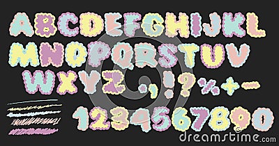 Hand Drawing Cloud Kawaii Alphabet. Cartoon Letters in simple kids drawn style. Trendy Retro Y2k Bubble alphabet set. Vector Illustration