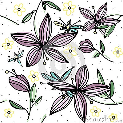 Hand-drawing color floral pattern with flower purple lily and dragonfly on white background Vector Illustration