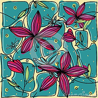 Hand-drawing colorful seamless pattern with flower purple lily and dragonfly. Vector Illustration