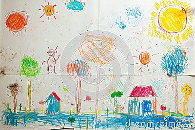 A hand drawing colorful picture of house has drawn by pencil or crayon. AIGX01. Stock Photo