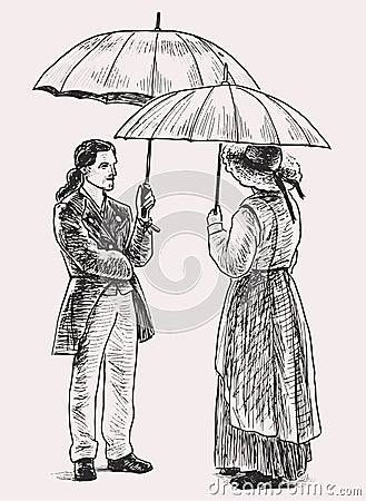 Hand drawing of couple people in retro costumes standing under umbrellas and conversing Vector Illustration