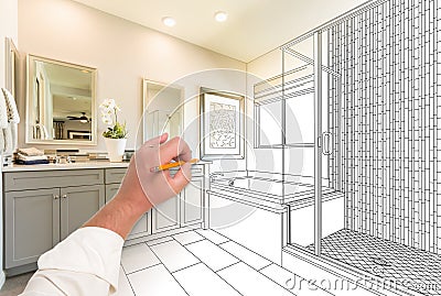 Hand Drawing Custom Master Bathroom with Cross Section Stock Photo