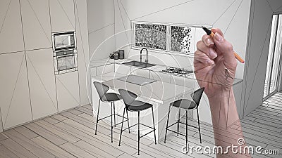 Hand drawing custom modern minimalist white and wooden kitchen with island and stools. Tailored unfinished project architecture Stock Photo