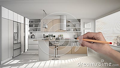 Hand drawing custom modern white and wooden kitchen. Tailored unfinished project architecture interior Stock Photo