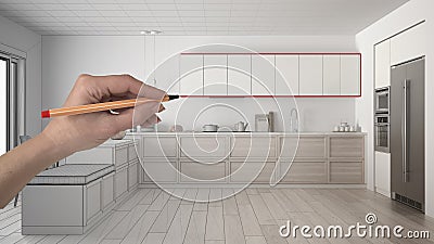 Hand drawing custom scandinavian minimalist white and wooden kitchen. Tailored unfinished project architecture interior Stock Photo