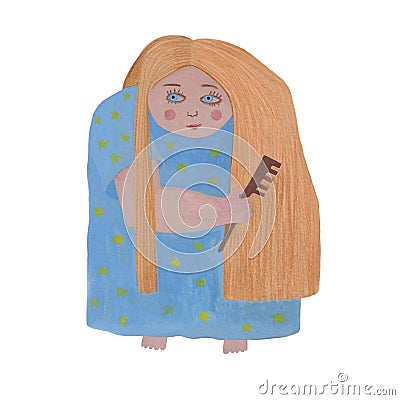 Hand drawing cute girl combing long blond hair Stock Photo