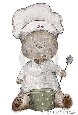 hand drawing of a cute teddy bear in a chef's hat and with a spoon, cartoon chef bear Stock Photo