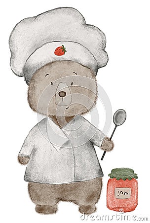 hand drawing of a cute teddy bear in a chef's hat and with a spoon, cartoon chef bear Stock Photo