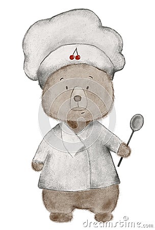 hand drawing of a cute teddy bear in a chef's hat and with a spoon, cartoon chef bear Stock Photo