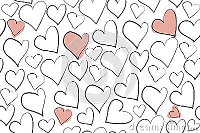 Hand drawing doodle pattern with different hearts and pink spots on a white background. raster illustration for prints, wallpapers Cartoon Illustration