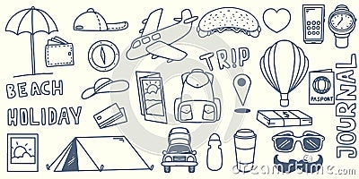 Hand drawing doodle travel elements trip to outdoor journey with tourist equipment go to beach camping like tent, umbrella, Vector Illustration