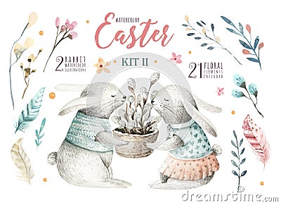 Hand drawing easter watercolor cartoon bunnies with leaves, bran Cartoon Illustration