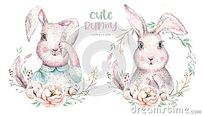 Hand drawing easter watercolor cartoon bunnies with leaves, branches and feathers. indigo Watercolour rabbit holiday Cartoon Illustration