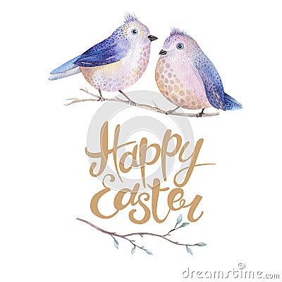 Hand drawing easter watercolor flying cartoon bird with leaves, Cartoon Illustration