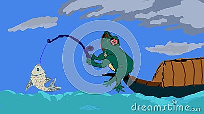 Hand-drawing fantasy, photo of frog and fish, frog fishing, from the boat, and sea. Stock Photo