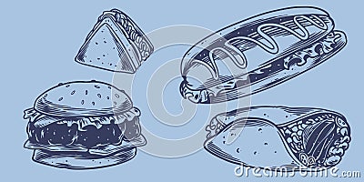 Hand drawing fast food set of sandwiches, burgers, hot dogs, kebabs. Junk food restaurant fast food menu Stock Photo