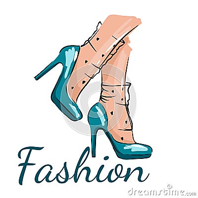 Hand drawing of female blue shoes, fashion illustration of female legs Vector Illustration