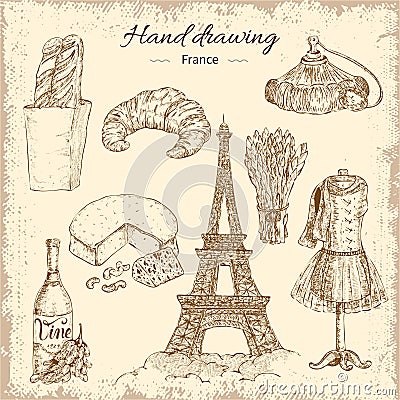 Hand Drawing France Elements Set Vector Illustration