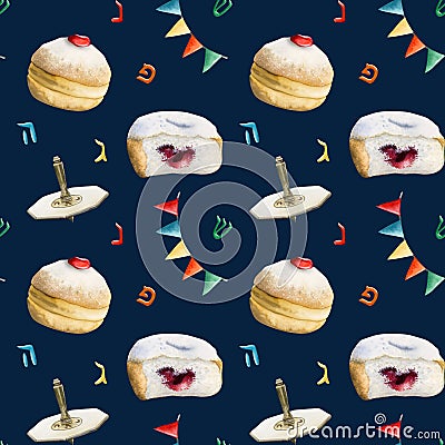 Hand drawing Hanukkah seamless pattern with traditional symbols. Donuts, dreidels, flags and Hebrew letters Stock Photo