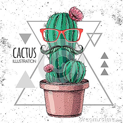 Hand drawing hipster cactus with mustache vector illustration on grunge triangle background Vector Illustration