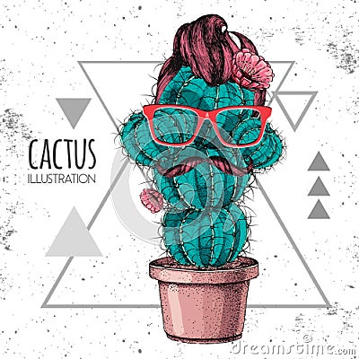 Hand drawing hipster cactus with mustache vector illustration on grunge triangle background Vector Illustration