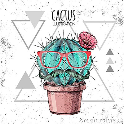 Hand drawing hipster cactus with mustache vector illustration on grunge triangle background Vector Illustration