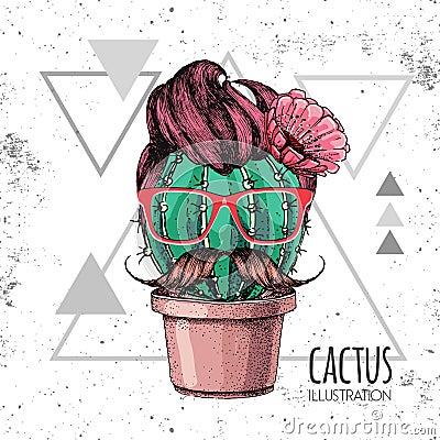 Hand drawing hipster cactus with mustache vector illustration on grunge triangle background Vector Illustration