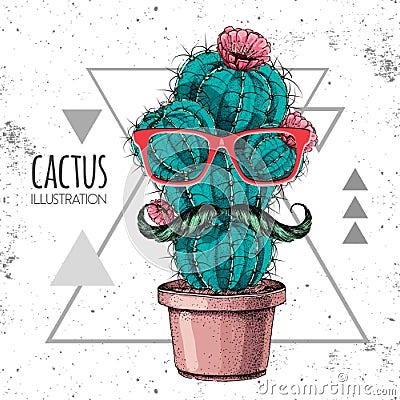 Hand drawing hipster cactus with mustache vector illustration on grunge triangle background Vector Illustration