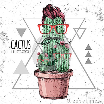 Hand drawing hipster cactus with mustache vector illustration on grunge triangle background Vector Illustration