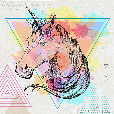 Hand drawing Hipster fantasy animal unicorn on artistic polygon watercolor background Vector Illustration