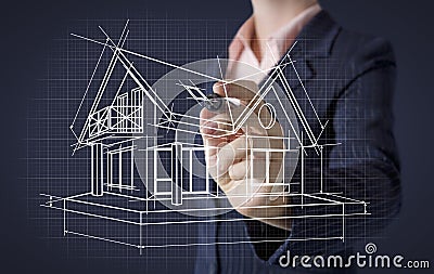 Hand drawing house on screen Stock Photo