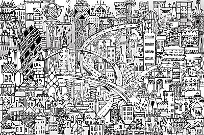 Hand drawing illustration of the Big modern city with skyscrapers, bridges and cars on the roads. Cartoon Illustration